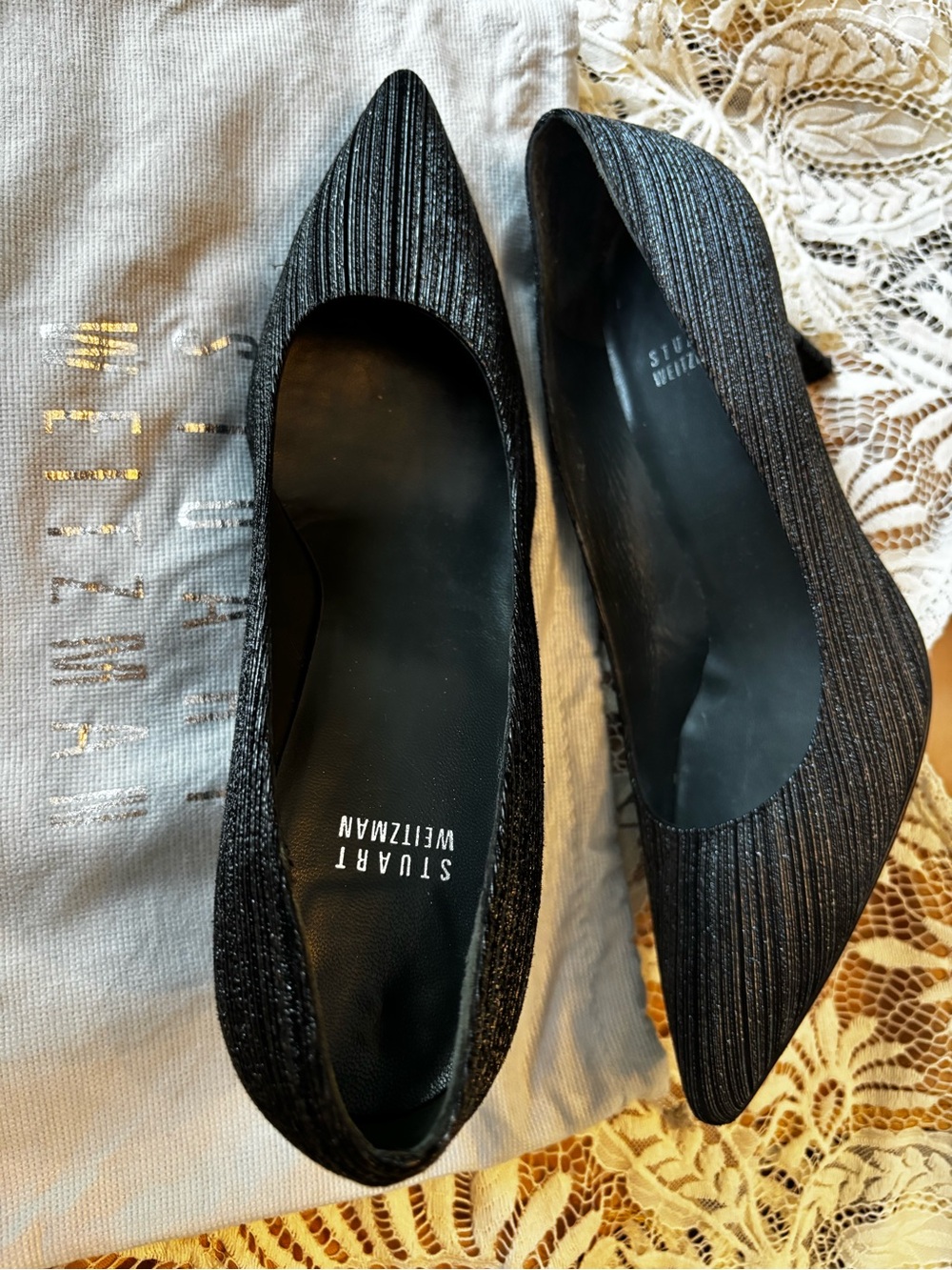 Stuart Weitzman Black Ribbed Pointed-Toe Pump - Picture 9 of 13
